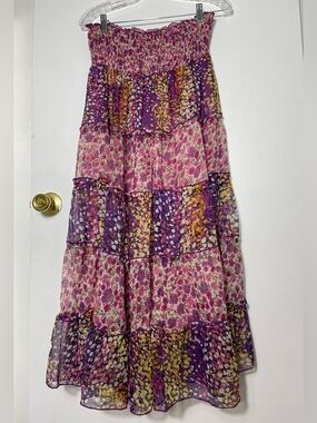 Chaudry KC Boho Elastic Waist Floral Tiered Maxi Skirt - Purple & Pink Size XS
